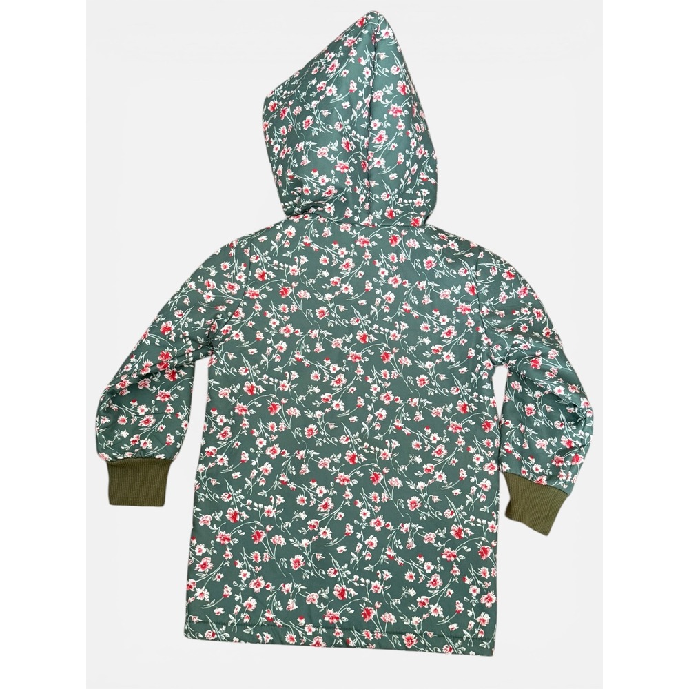 SHEIN Kids Floral Puffer Coat Green Pink Sherpa Lined Hooded Quilted Jacket - Picture 4 of 4